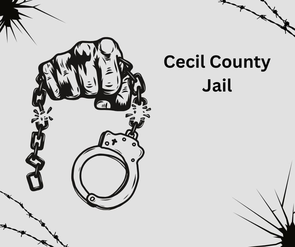 Black and white illustration for Cecil County Jail featuring a clenched fist, a broken chain, and a handcuff.