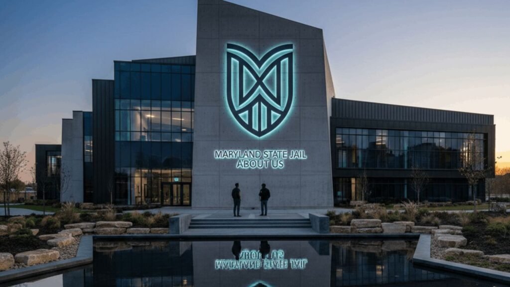 Modern Maryland State Jail administrative building with illuminated logo and contemporary architectural design exterior.