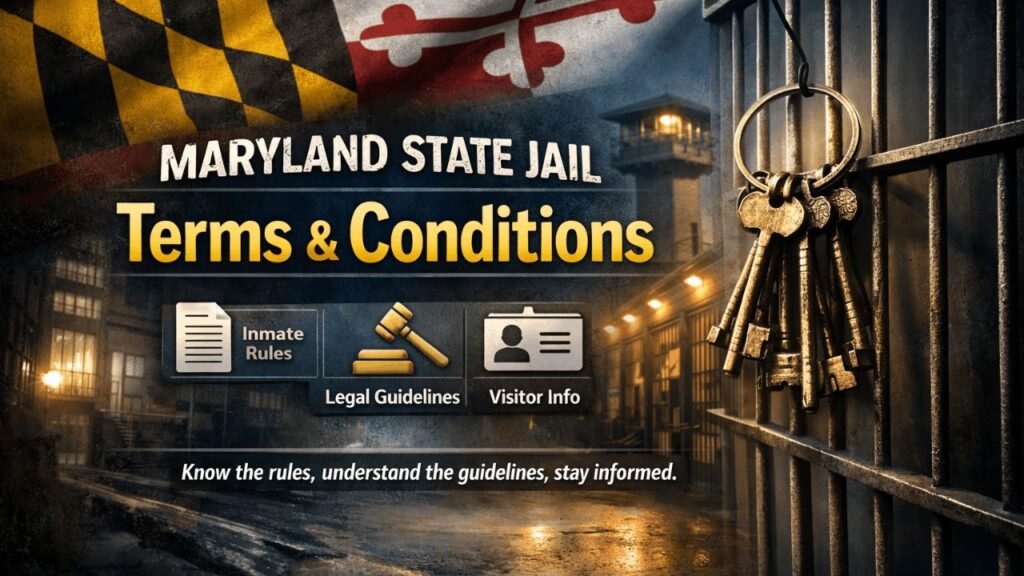 Modern digital illustration of Maryland State Jail highlighting Terms & Conditions, inmate rules, legal guidelines, and visitor info with keys and jail tower