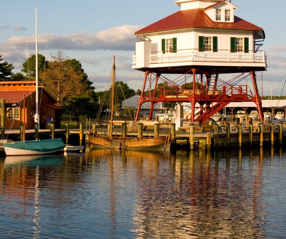 Thomas Point Shoal Lighthouse standing on stilts over the water near Annapolis, Maryland.