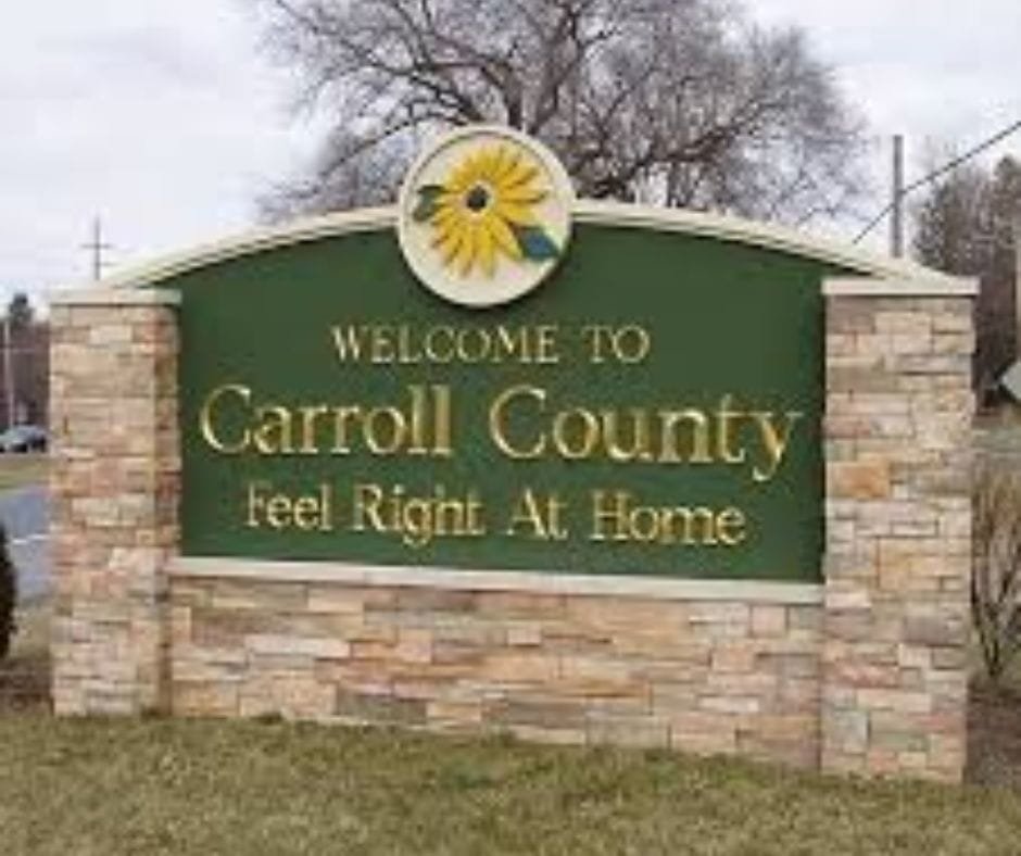 Welcome to Carroll County green roadside sign with sunflower logo and stone base