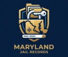 A modern blue and gold shield icon featuring a map of Maryland, a file folder with a key, and a search bar for jail records
