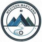 Western Maryland logo featuring modern mountain design, river flow, and official regional identity badge illustration