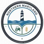 Northern Maryland circular logo featuring a lighthouse above water waves, a tractor, and a wheat stalk