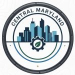 A circular logo for Central Maryland featuring a blue city skyline with various buildings and a black gear containing a green leaf at the base.