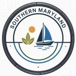A circular logo for Southern Maryland featuring a sailboat on the water, a golden sun, and three green leaves.